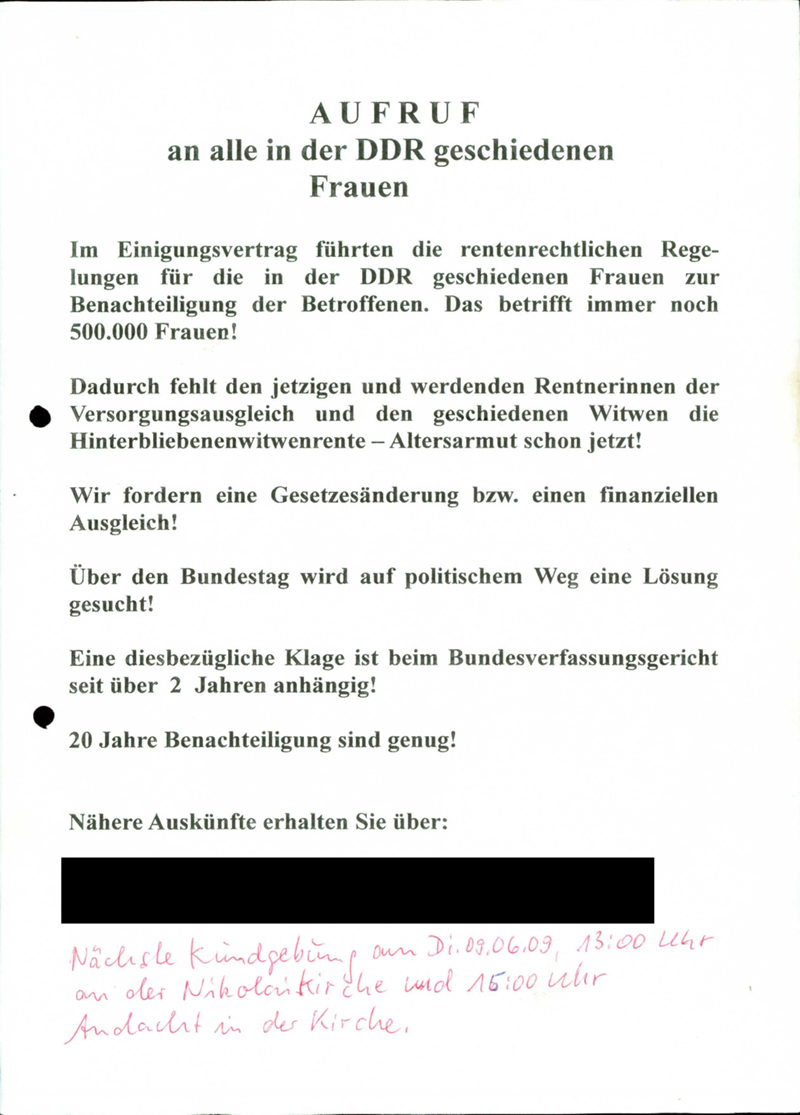 Verein der in der DDR geschiedenen Frauen e.V. : Politischer Aktivismus: Informationsmaterialien