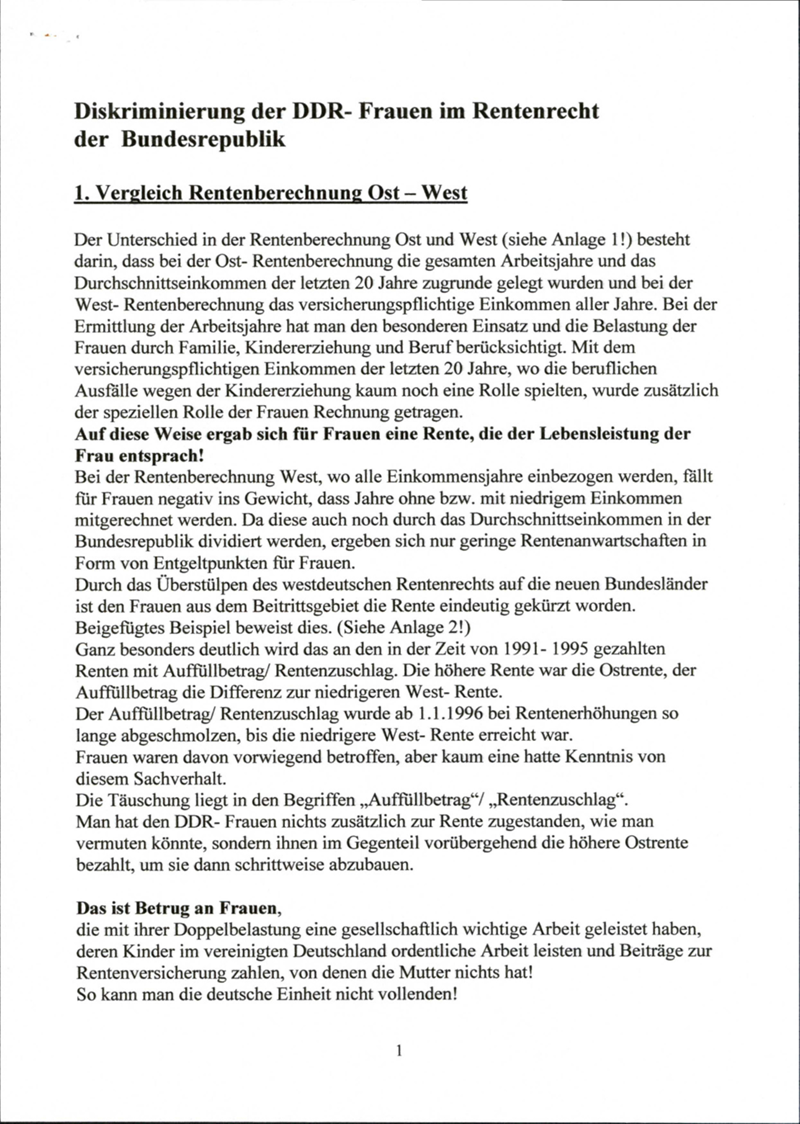 Verein der in der DDR geschiedenen Frauen e.V. : Politischer Aktivismus: Informationsmaterialien