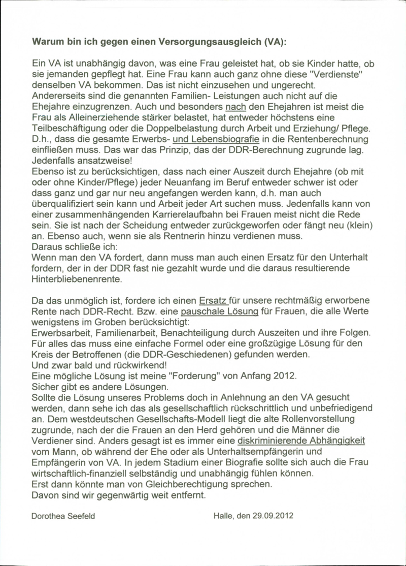 Verein der in der DDR geschiedenen Frauen e.V. : Politischer Aktivismus: Informationsmaterialien