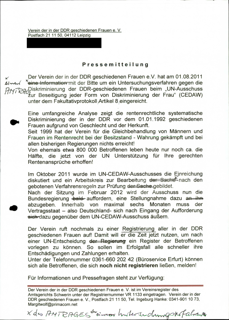 Verein der in der DDR geschiedenen Frauen e.V. : Politischer Aktivismus: Informationsmaterialien