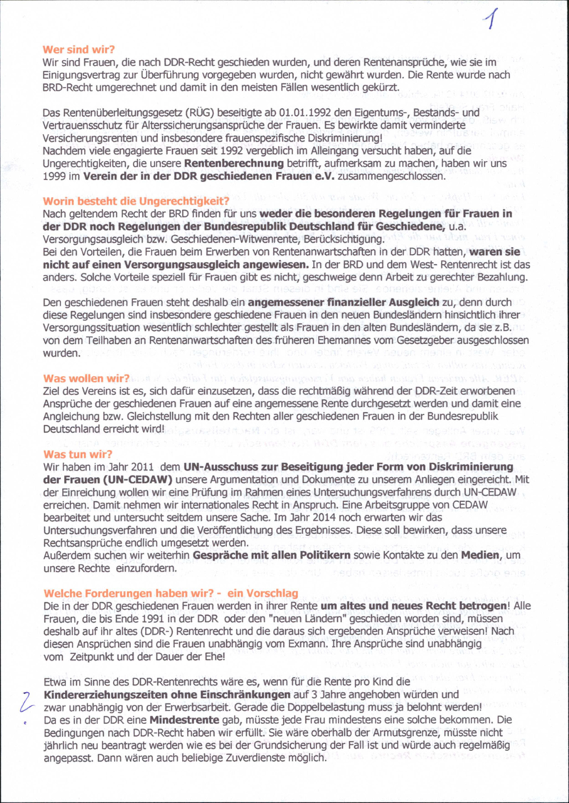 Verein der in der DDR geschiedenen Frauen e.V. : Politischer Aktivismus: Informationsmaterialien