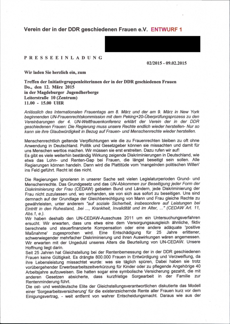 Verein der in der DDR geschiedenen Frauen e.V. : Politischer Aktivismus: Informationsmaterialien