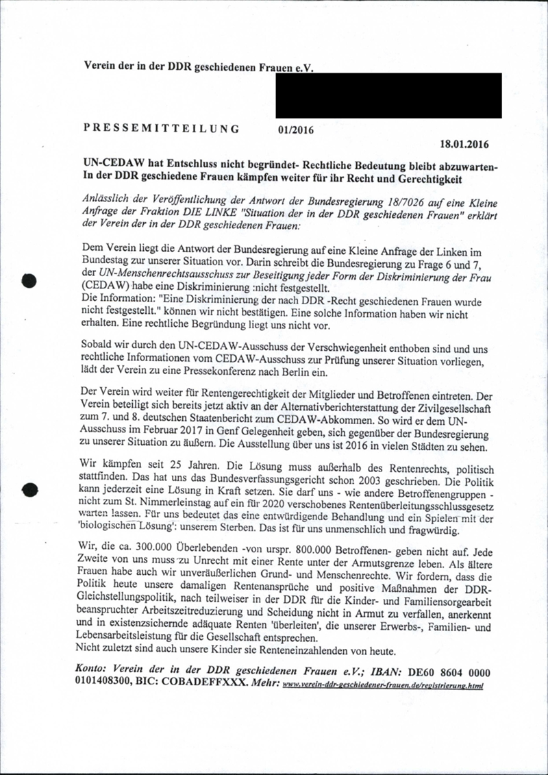 Verein der in der DDR geschiedenen Frauen e.V. : Politischer Aktivismus: Informationsmaterialien