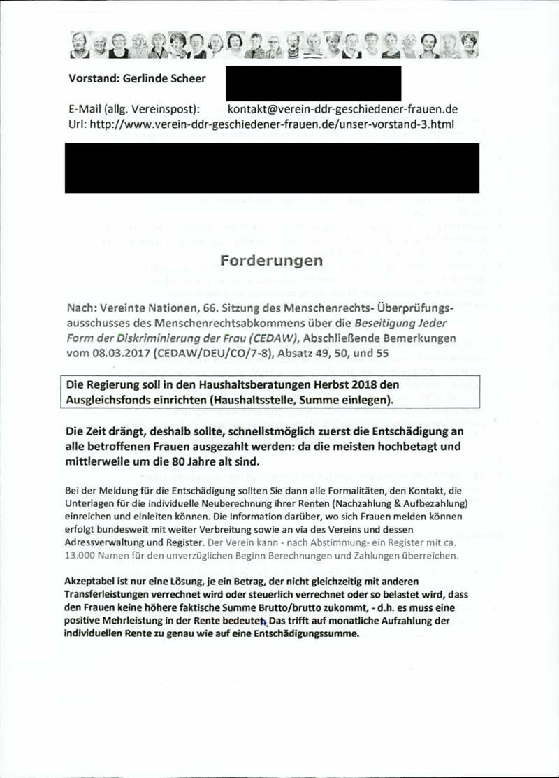 Verein der in der DDR geschiedenen Frauen e.V. : Politischer Aktivismus: Informationsmaterialien