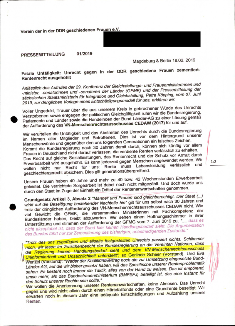 Verein der in der DDR geschiedenen Frauen e.V. : Politischer Aktivismus: Informationsmaterialien