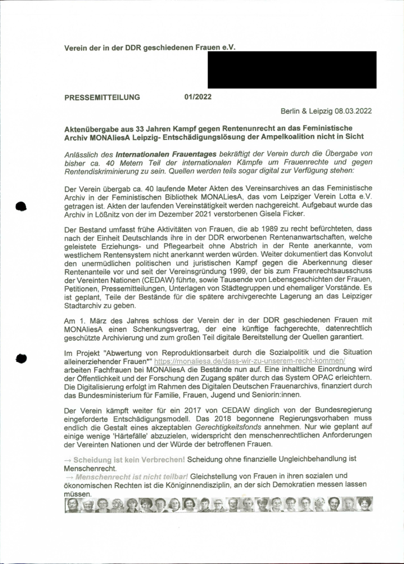 Verein der in der DDR geschiedenen Frauen e.V. : Politischer Aktivismus: Informationsmaterialien